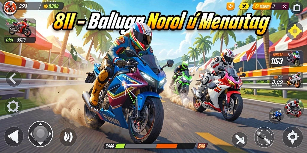 Screenshot gameplay menampilkan aksi balapan motor yang mendebarkan.