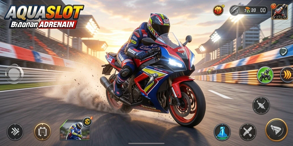 Tampilan gameplay AQUASLOT yang mendebarkan dan penuh aksi balapan motor.