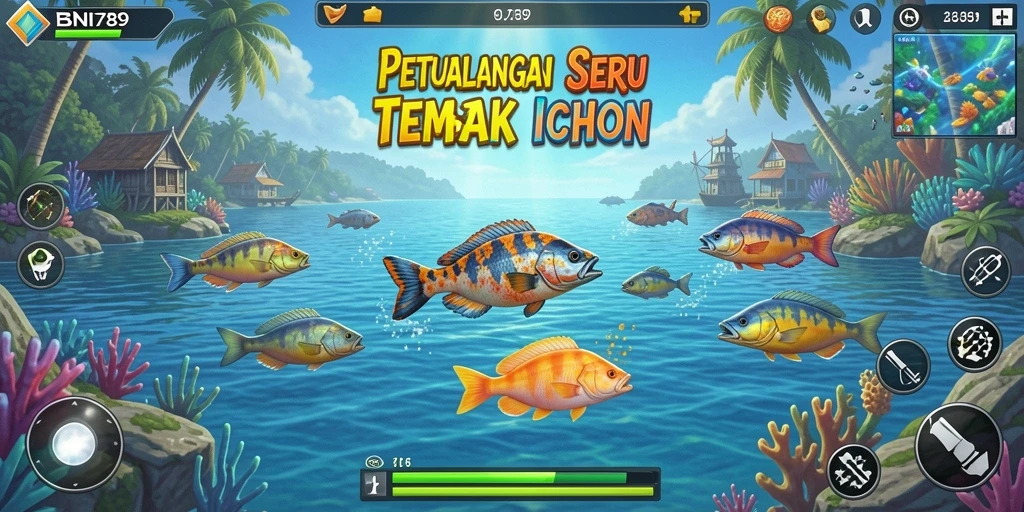 Gameplay seru BNI789 dengan ikan berwarna-warni.