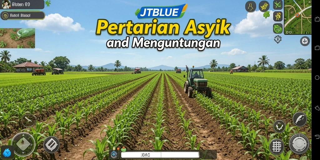 Tampilan screenshot utama JTBLUE dengan aktivitas bertani yang seru.