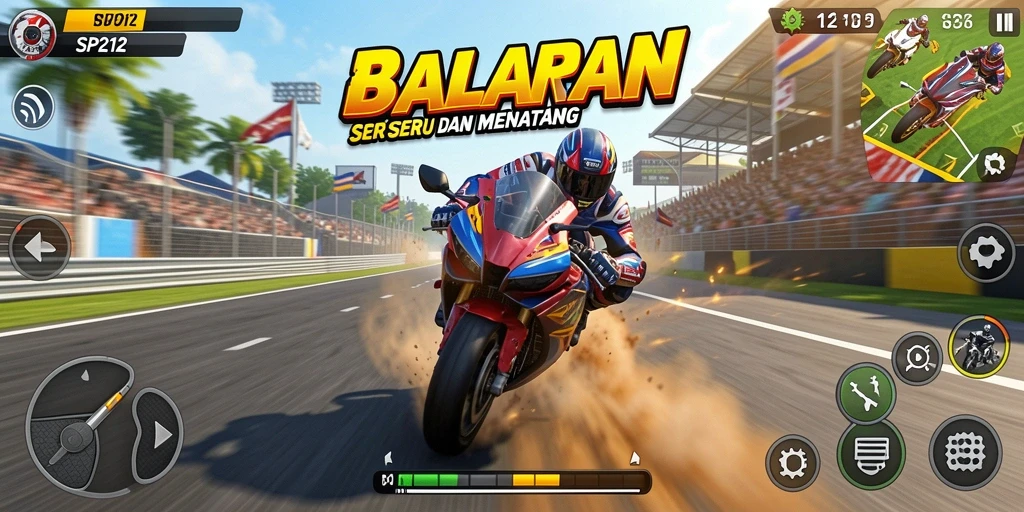 Tampilan menakjubkan dari gameplay SP212 menghadirkan aksi balapan motor yang mendebarkan.